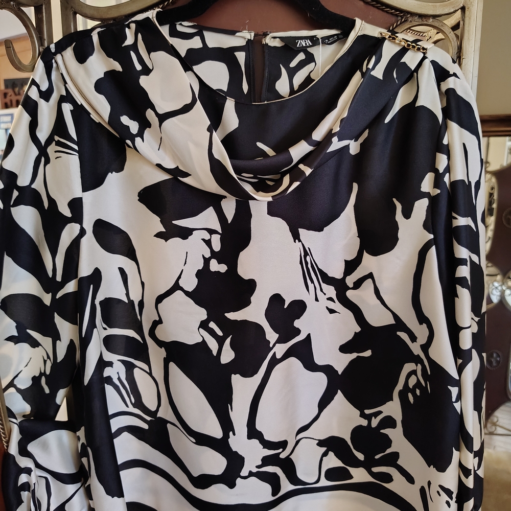 Zara Black and White Abstract Women's Blouse, With Sash.